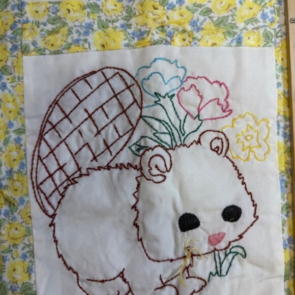 9 Panel Hand Embroidered Handsewn Baby Blanket Precious Moments Rabbit Duck Bear - Picture 8 of 12